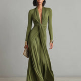 Vestido Maxi de Seda Verde Oliva con Escote en V