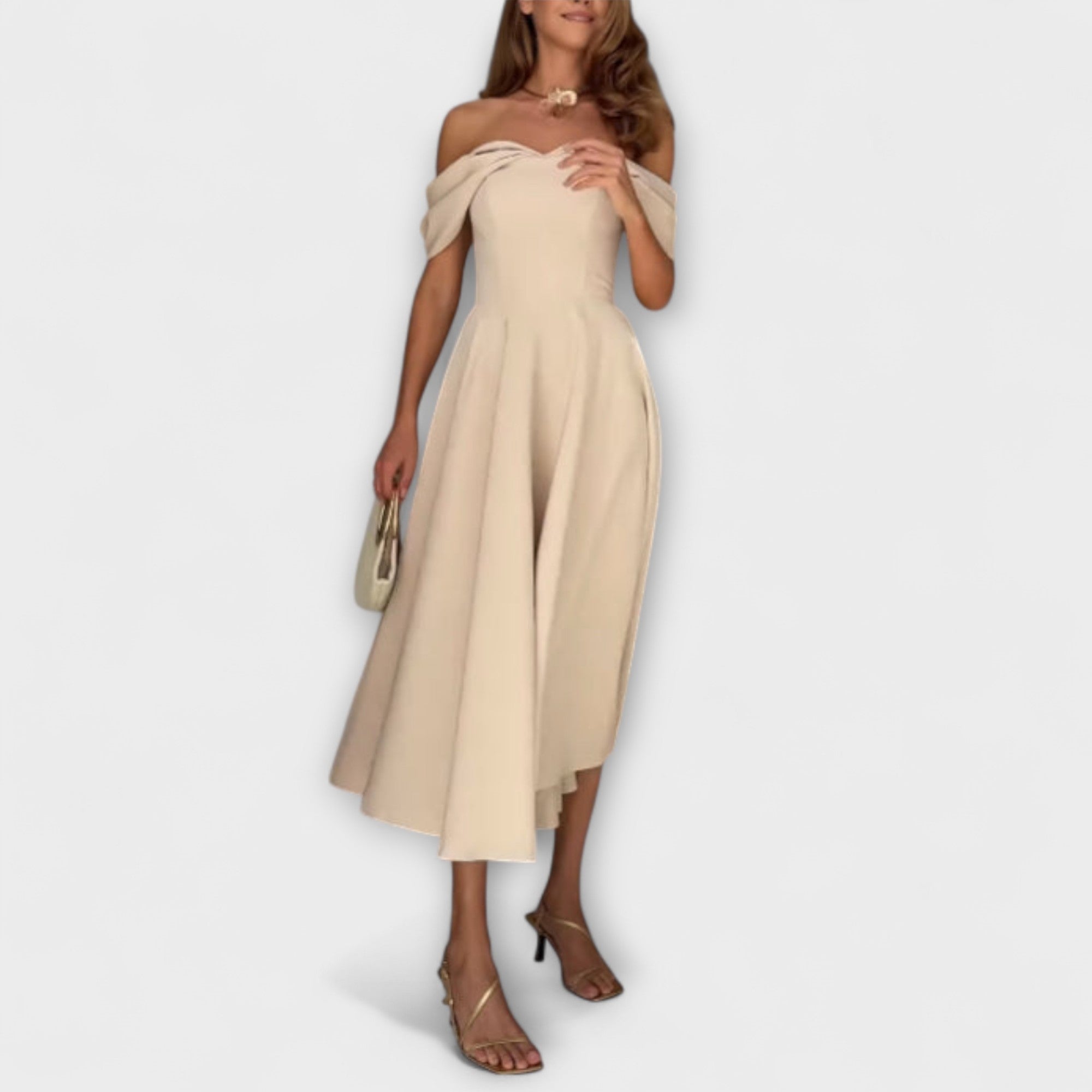 Romy - Vestido maxi chic de hombros descubiertos con drapeado
