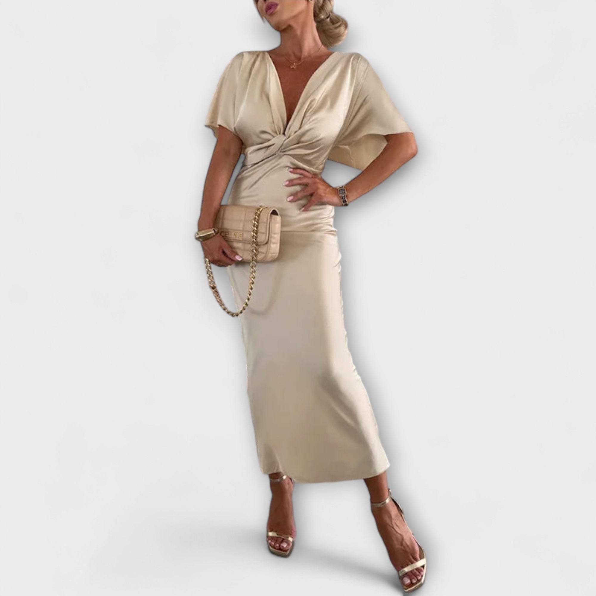Sable - Vestido maxi con escote en V y nudo entrecruzado de satén rígido