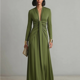 Vestido Maxi de Seda Verde Oliva con Escote en V