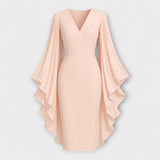 Rachel - Vestido midi rosa con escote en V y mangas de chifón