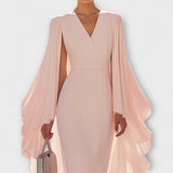 Rachel - Vestido midi rosa con escote en V y mangas de chifón