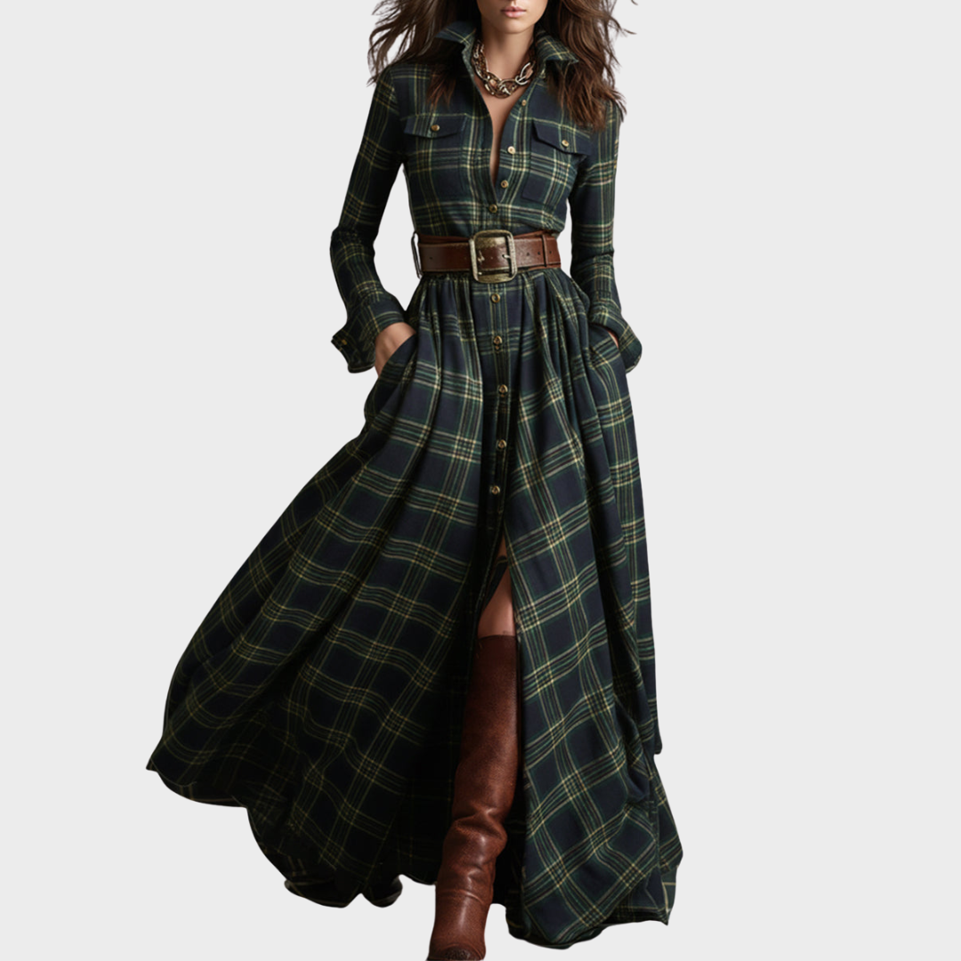 Vestido maxi étnico retro – diseño de cuadros marrones con cuello clásico