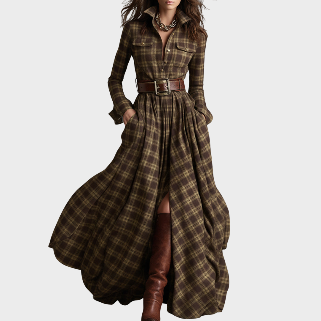 Vestido maxi étnico retro – diseño de cuadros marrones con cuello clásico