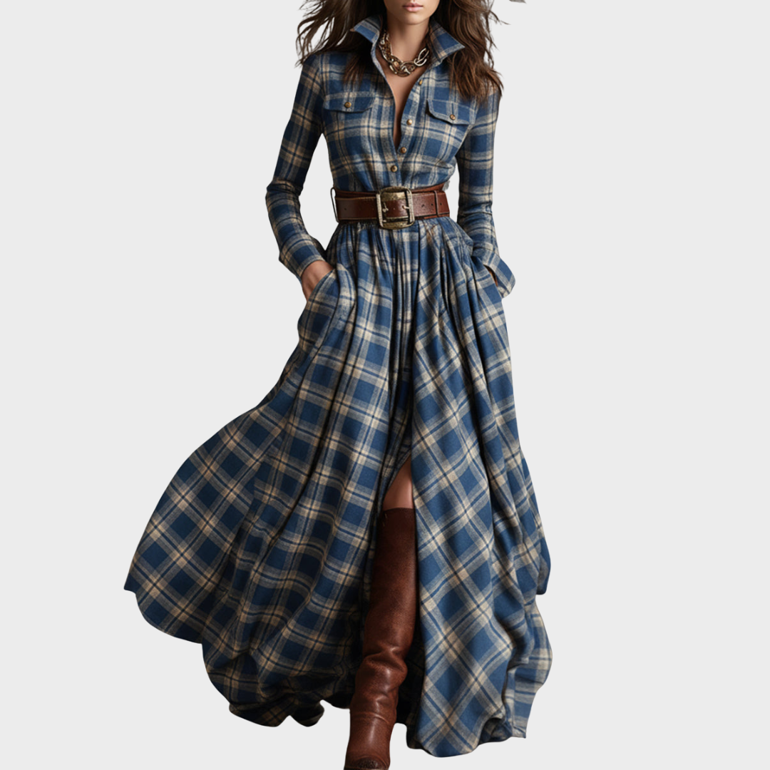 Vestido maxi étnico retro – diseño de cuadros marrones con cuello clásico