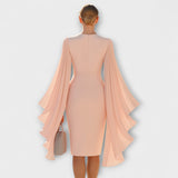 Rachel - Vestido midi rosa con escote en V y mangas de chifón