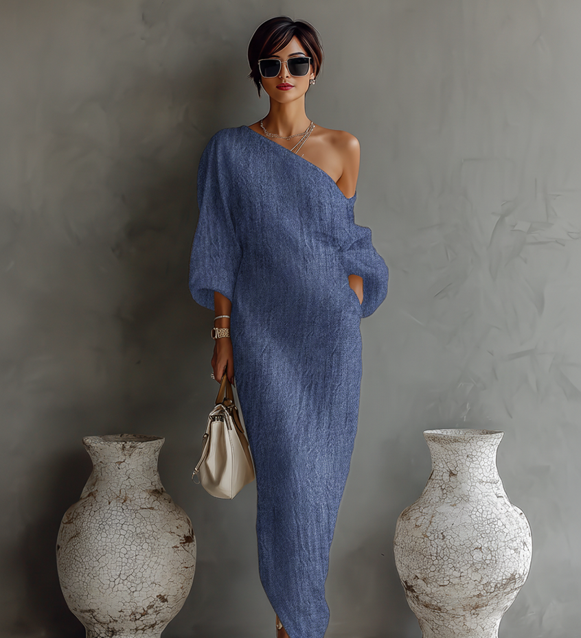 Vestido de lino color marfil sin hombros