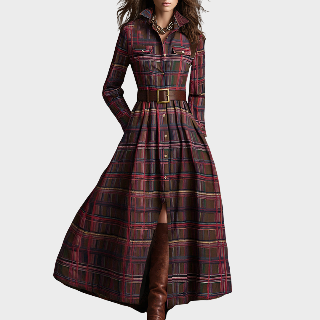 Vestido maxi étnico retro – diseño de cuadros marrones con cuello clásico