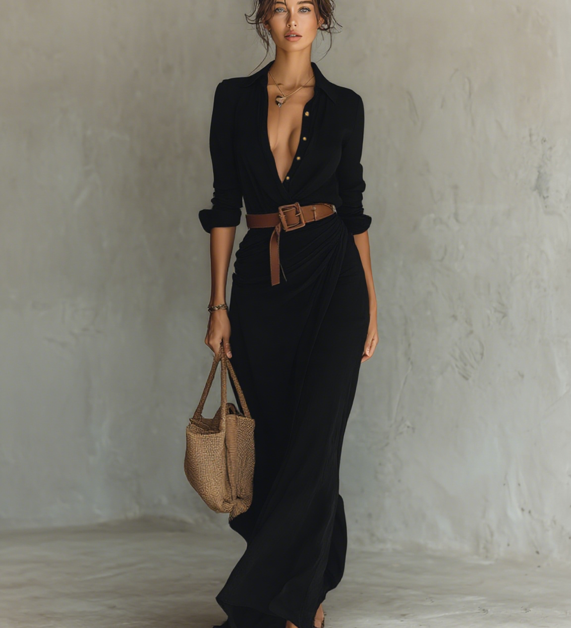Maxivestido con cuello de solapa y mangas largas