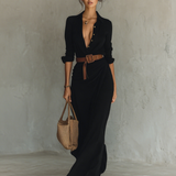 Maxivestido con cuello de solapa y mangas largas