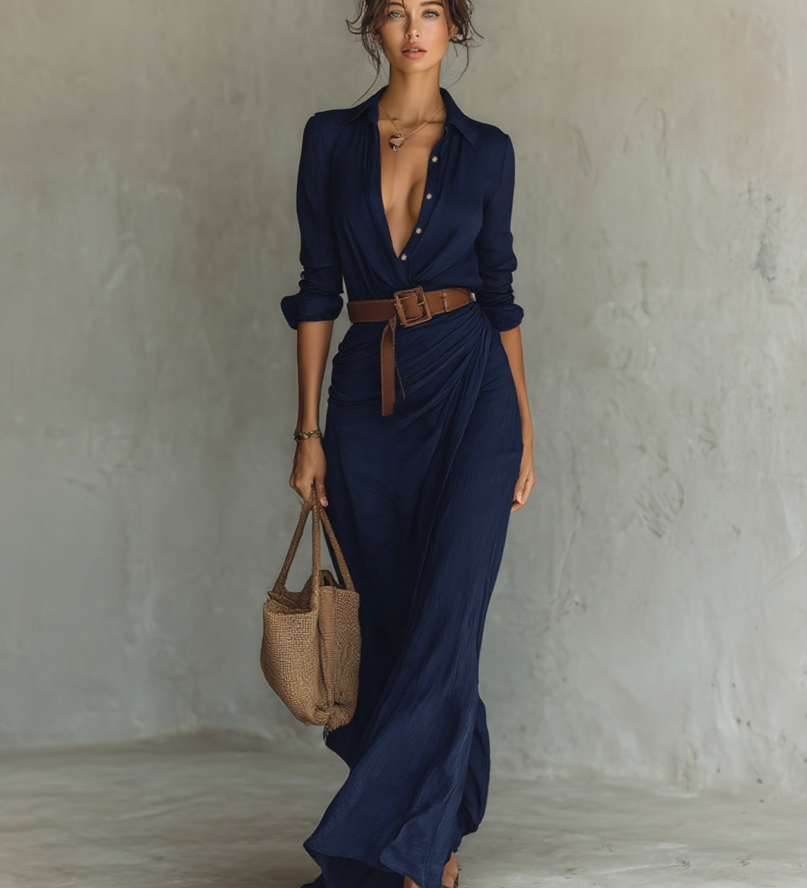 Maxivestido con cuello de solapa y mangas largas