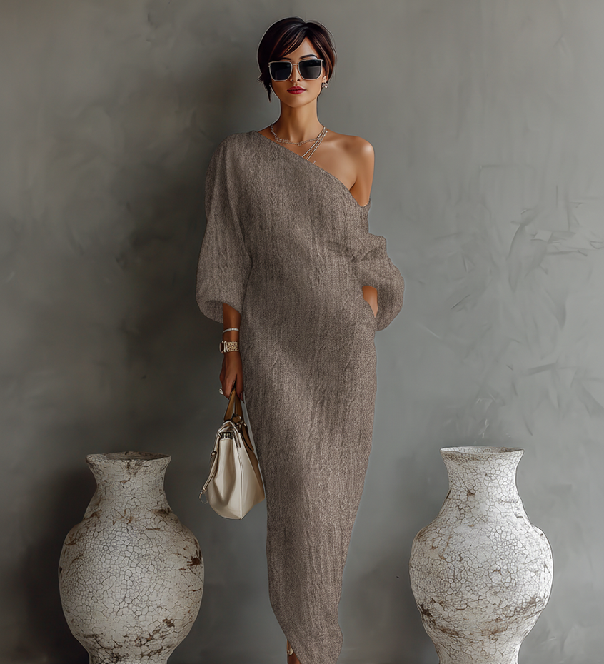 Vestido de lino color marfil sin hombros