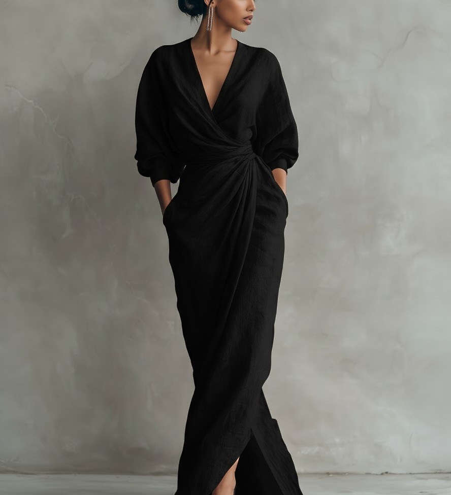 Vestido Maxi de Lino Rosa con Escote en V