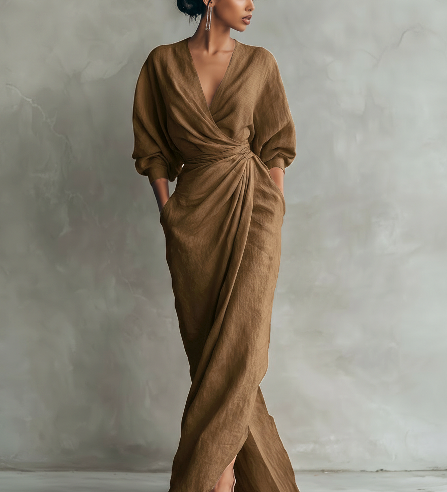 Vestido Maxi de Lino Rosa con Escote en V