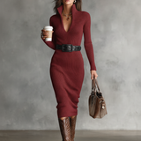 Vestido Midi de Punto con Escote en V Ajustado