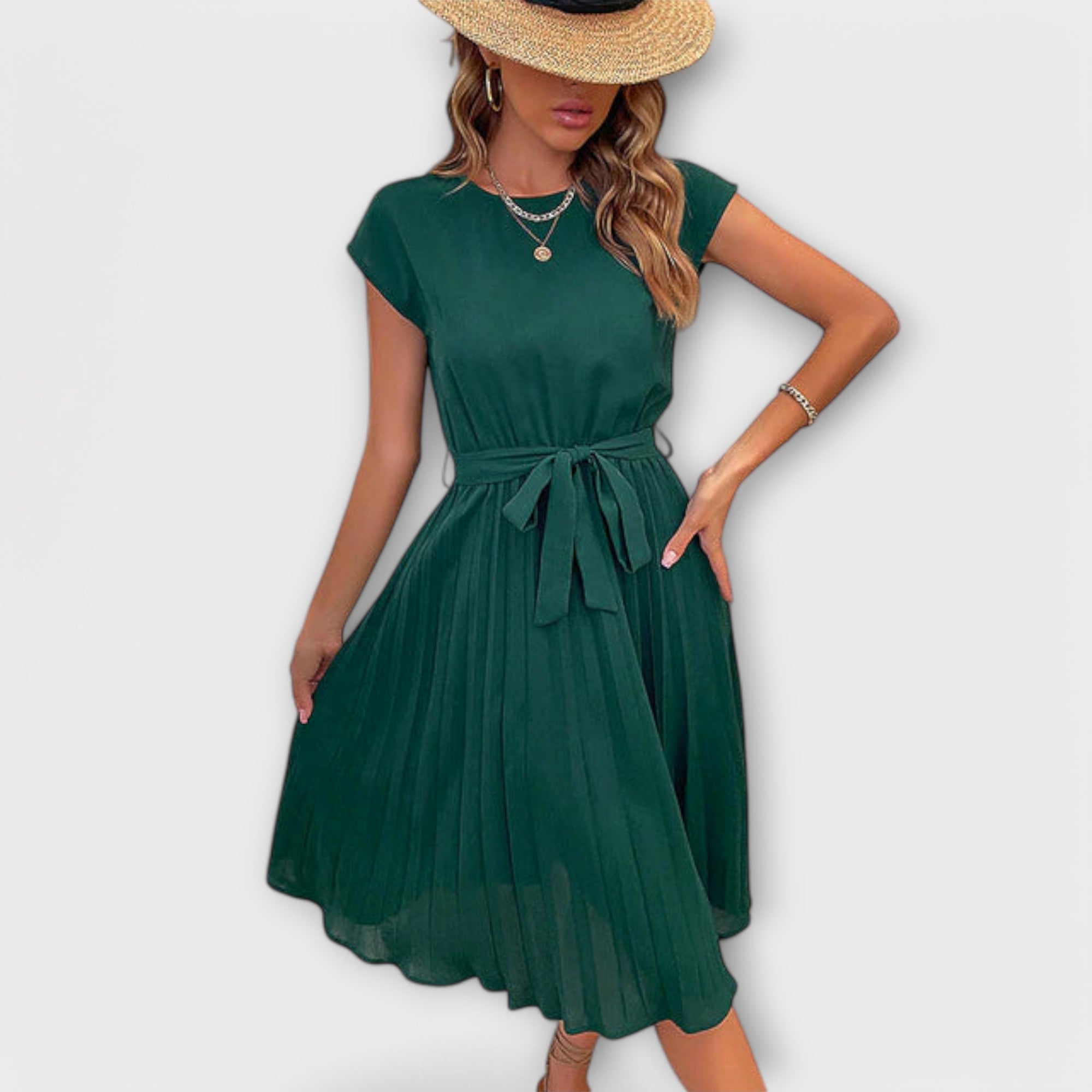 Claire - Manga corta, plisado, vestido midi casual