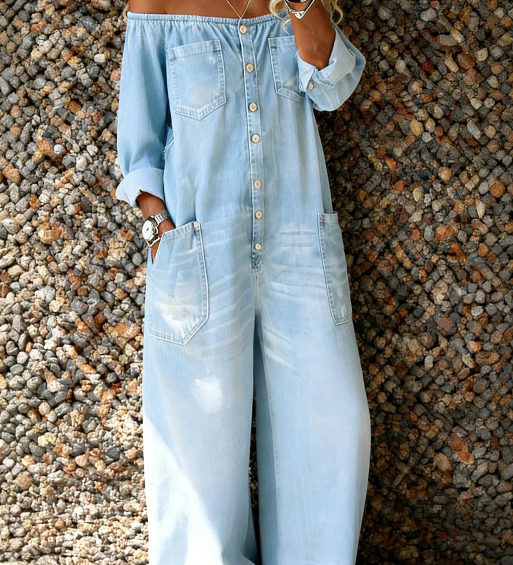Noa | Mono de denim con escote de hombro descubierto