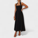 Lydia - Vestido halter negro de longitud midi con detalle en la cintura