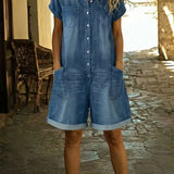 Elvora | Mono de denim con cuello y mangas cortas